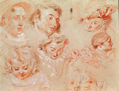 Six Heads and Two Hands Playing a Musical Instrument by Jean Antoine Watteau